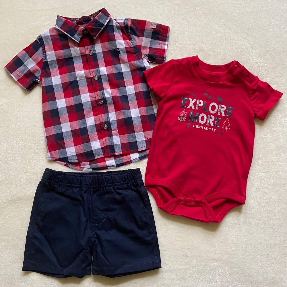 NEW Carhartt 3pc explore & plaid tops w/ shorts 6M